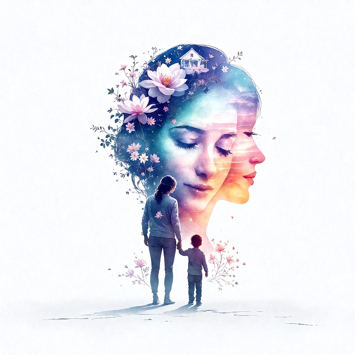 The primary subject of the image is a woman and a child, with the woman holding the child. They are surrounded by a beautiful floral arrangement, which adds a touch of nature and elegance to the scene. The setting appears to be a peaceful, outdoor environment, possibly a garden or a park. The visual style of the image is a combination of photo and digital art, creating a realistic yet artistic representation of the woman and child. The colors and mood of the image are warm and inviting, with the vibr
